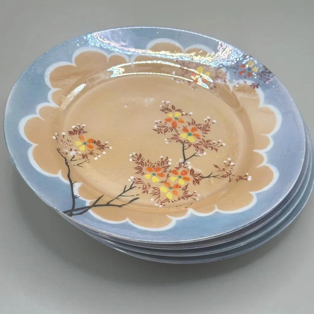 Vintage Japanese Lusterware Plates Set of 4 Salad Cherry Blossom As-Is Read